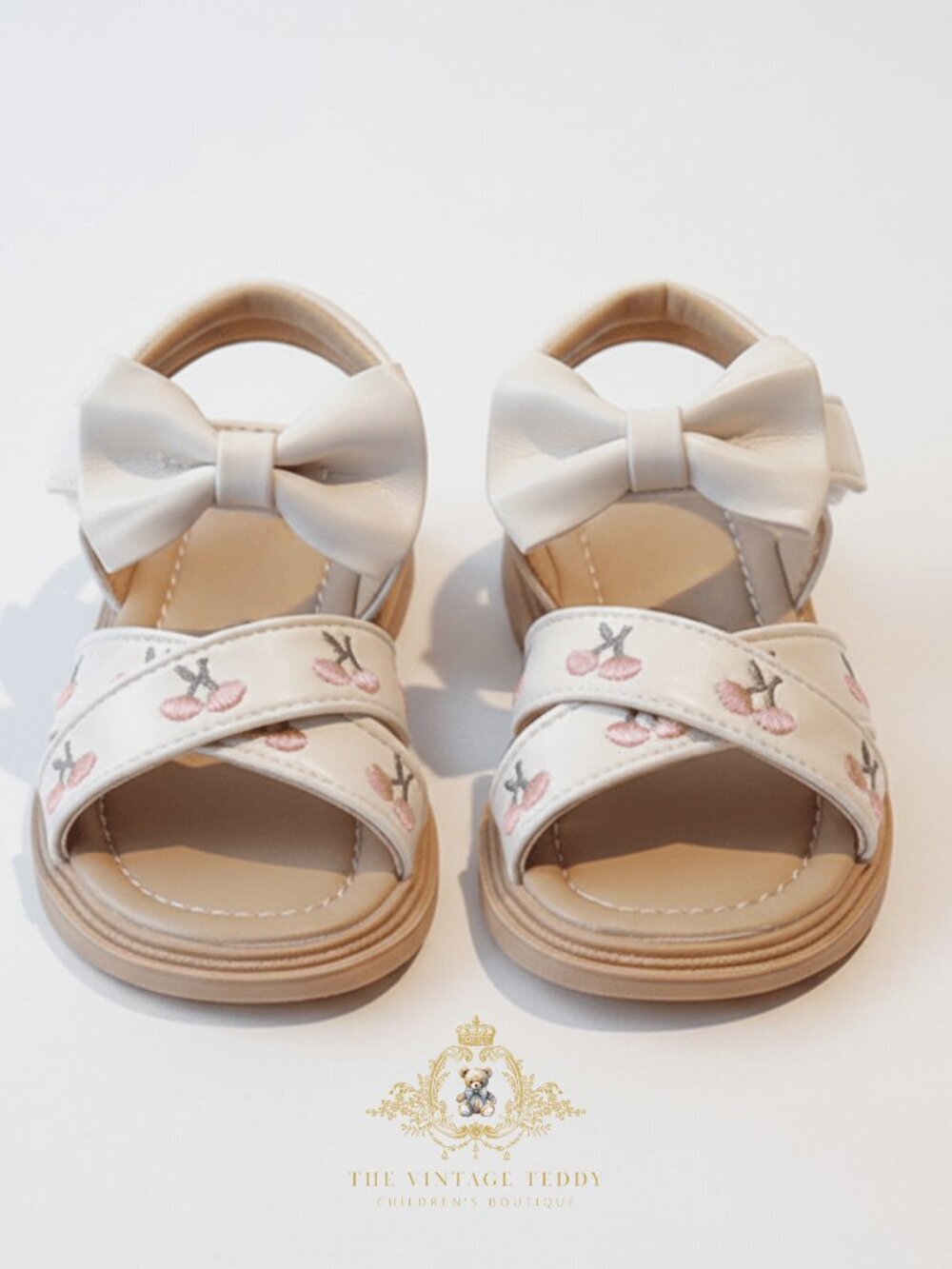 NWT Pretty Girls Embroidered Floral Sandals Children's Shoes Bow Cream & Pink 9 - Picture 3 of 3